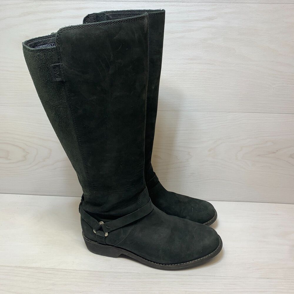 Teva De La Vina Tall Boots Women's‎ Size 7.5 Black Suede Riding Moto Waterproof